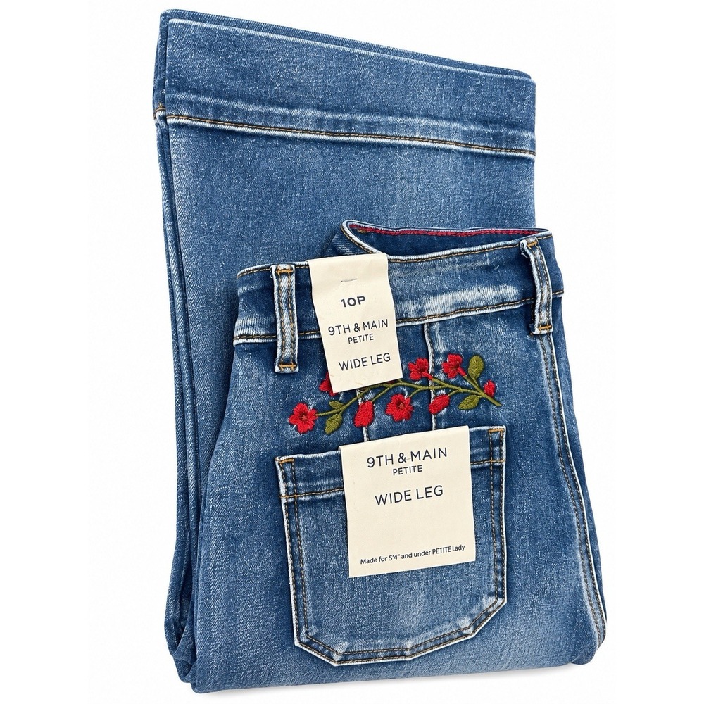 9th & Main Women's Petite Wide Leg Jeans 10P Floral Embroidered Blue Denim NWT